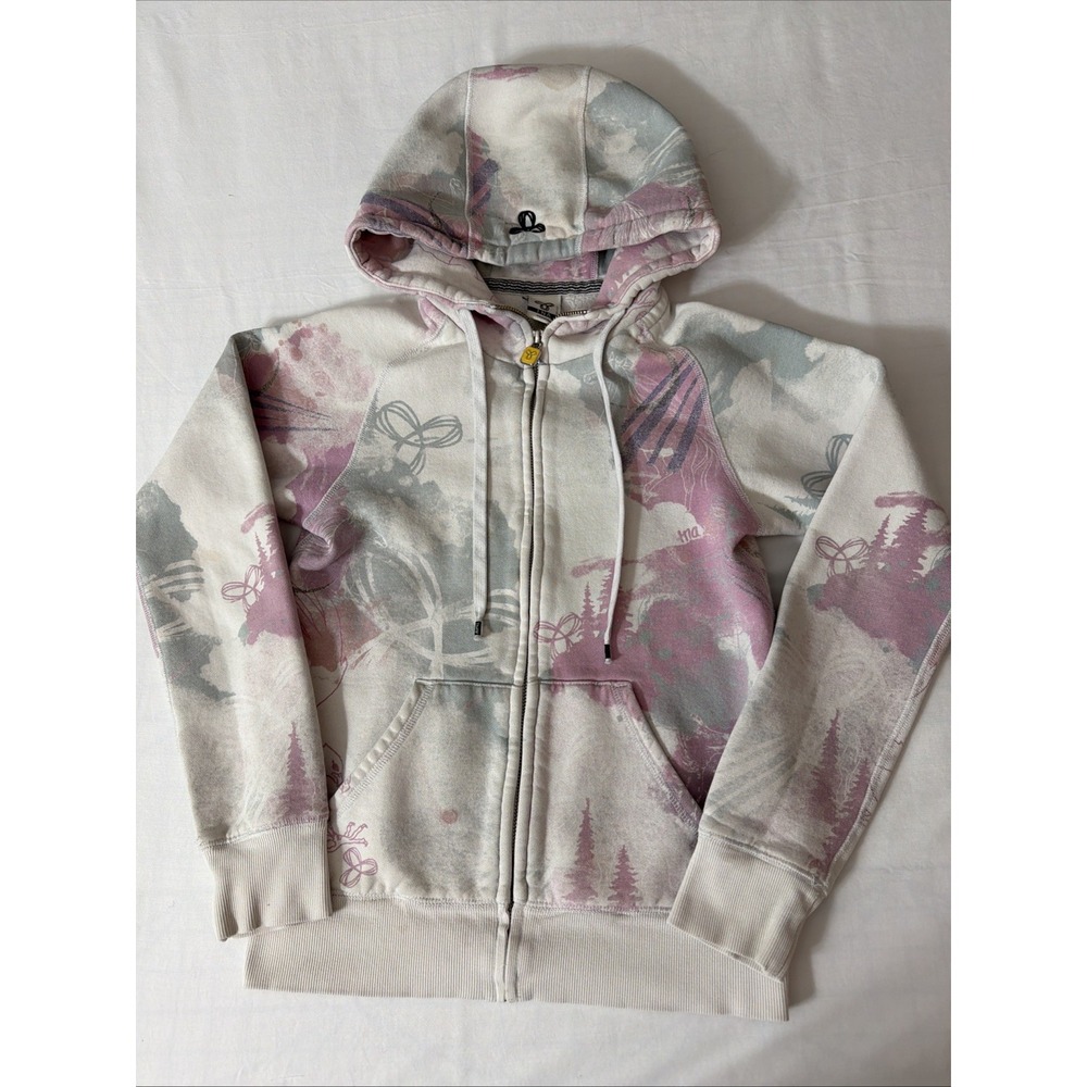 TNA Aritzia‎ Womens Abstract Graphic Full Zip Hoodie Pink Grey XS Sweatshirt